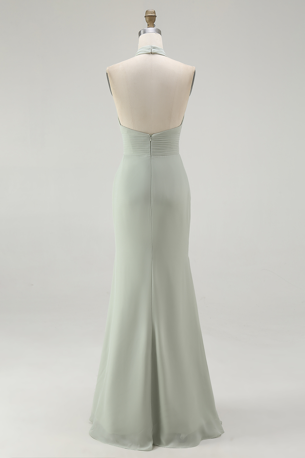 Dusty Sage Sheath Chiffon Ruched Halter Long Bridesmaid Dress with Slit