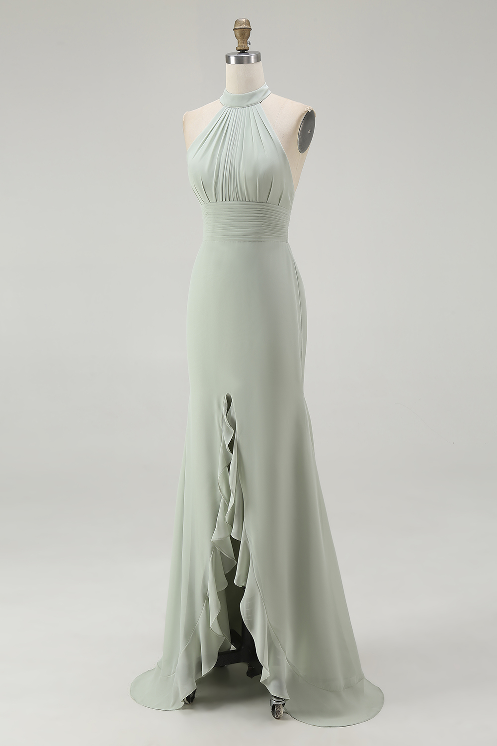 Dusty Sage Mermaid Chiffon Halter Maxi Bridesmaid Dress with Ruffles