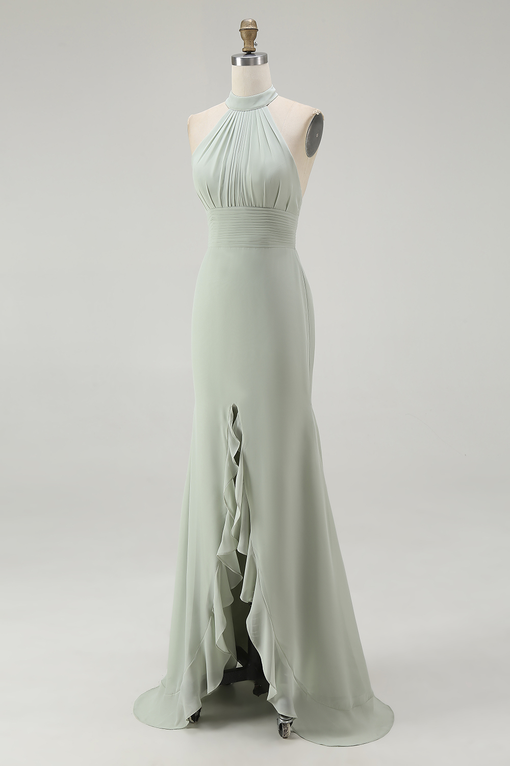Dusty Sage Mermaid Chiffon Halter Maxi Bridesmaid Dress with Ruffles