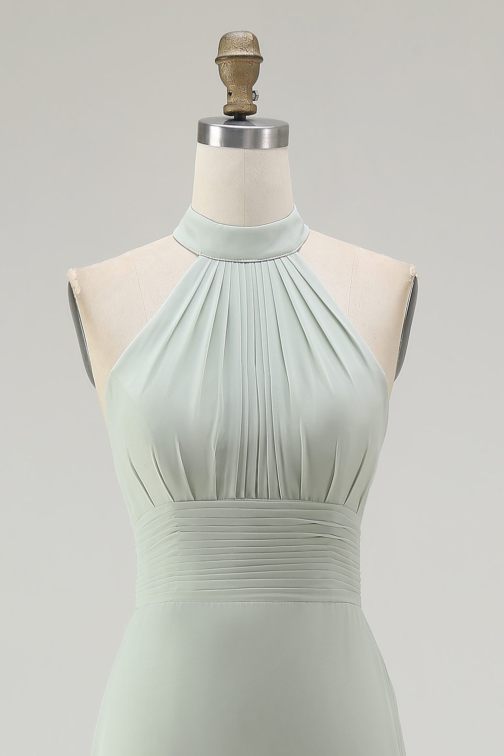 Dusty Sage Mermaid Chiffon Halter Maxi Bridesmaid Dress with Ruffles