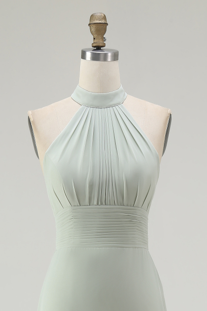 Dusty Sage Mermaid Chiffon Halter Maxi Bridesmaid Dress with Ruffles