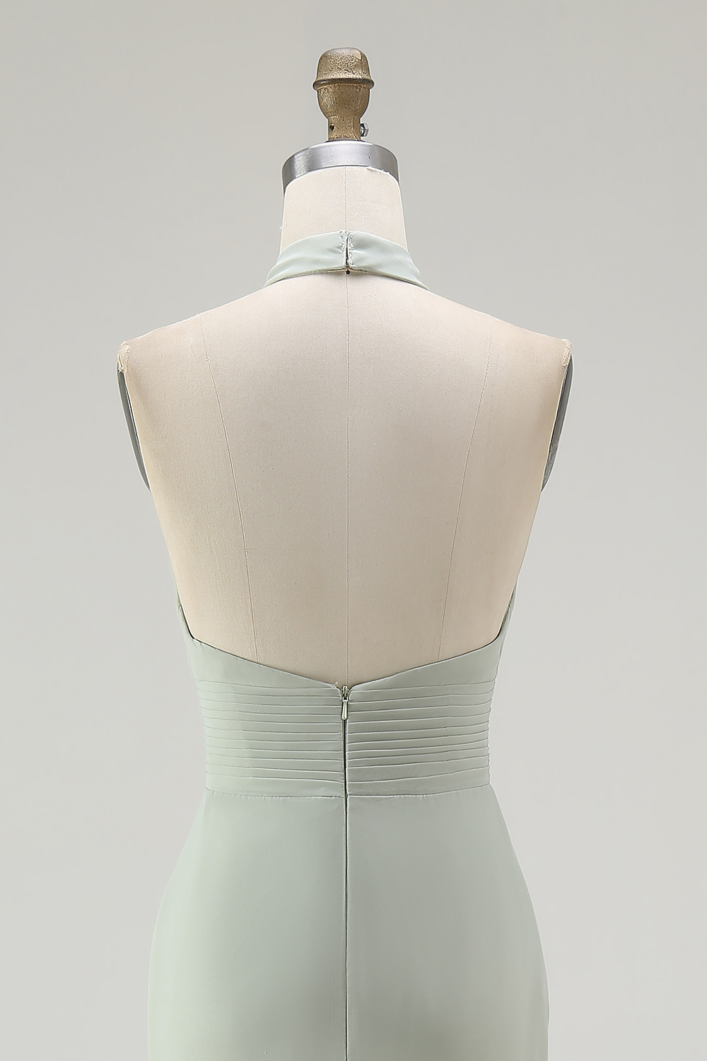 Dusty Sage Mermaid Chiffon Halter Maxi Bridesmaid Dress with Ruffles