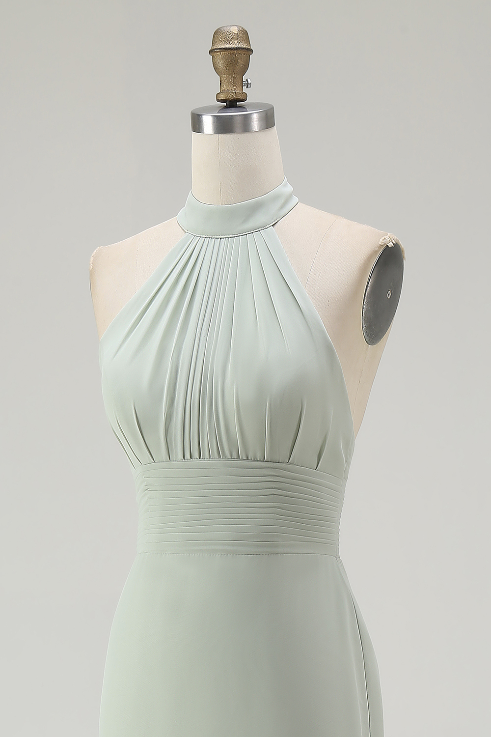 Dusty Sage Mermaid Chiffon Halter Maxi Bridesmaid Dress with Ruffles