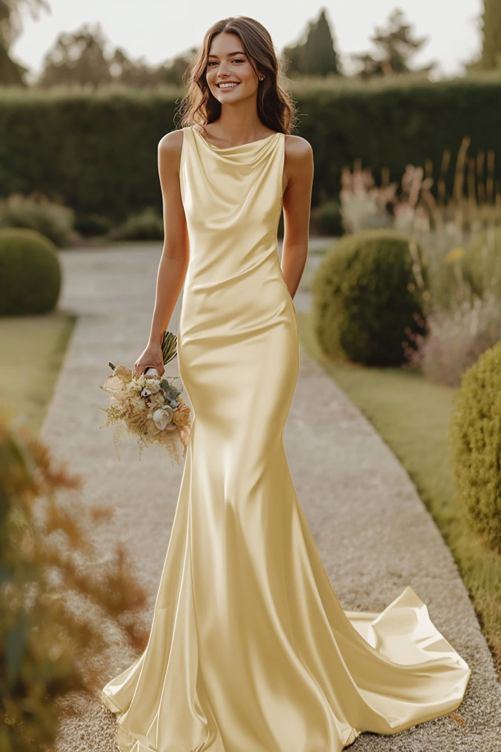 Daffodil Mermaid Satin Cowl Neck Sleeveless Long Bridesmaid Dress