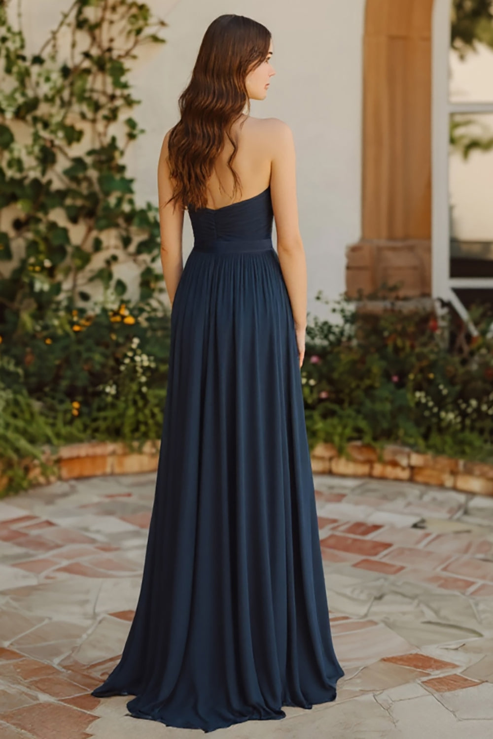 A Line Pleated Navy Chiffon Halter Neck Long Bridesmaid Dress