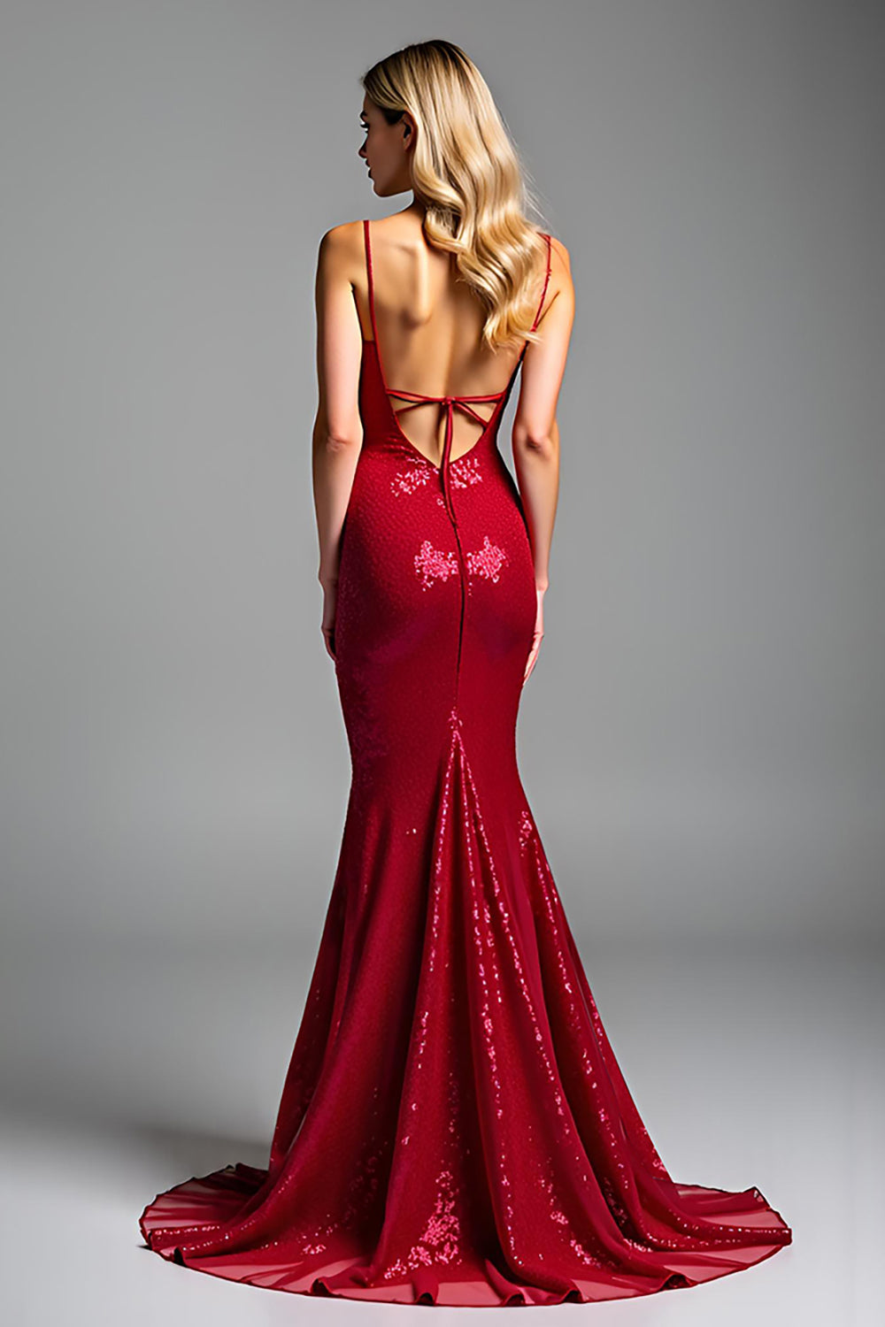 Sparkly Red Mermaid Sequined Backless Maxi Prom Dress