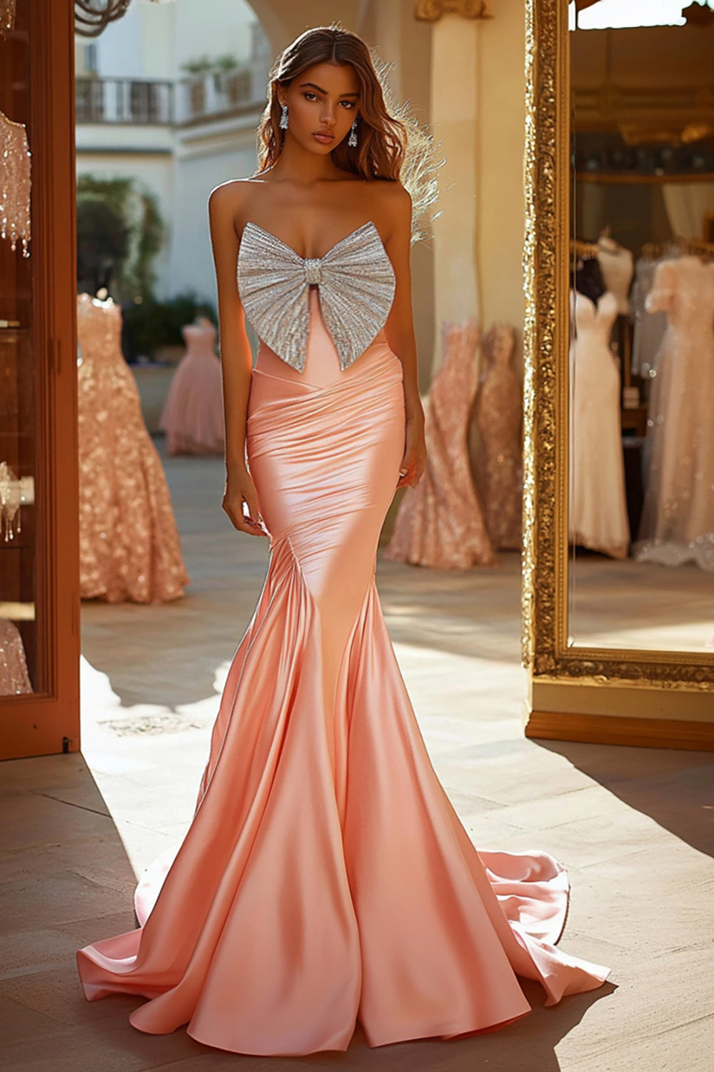 Pink Mermaid Satin Strapless Maxi Prom Dress with Bow