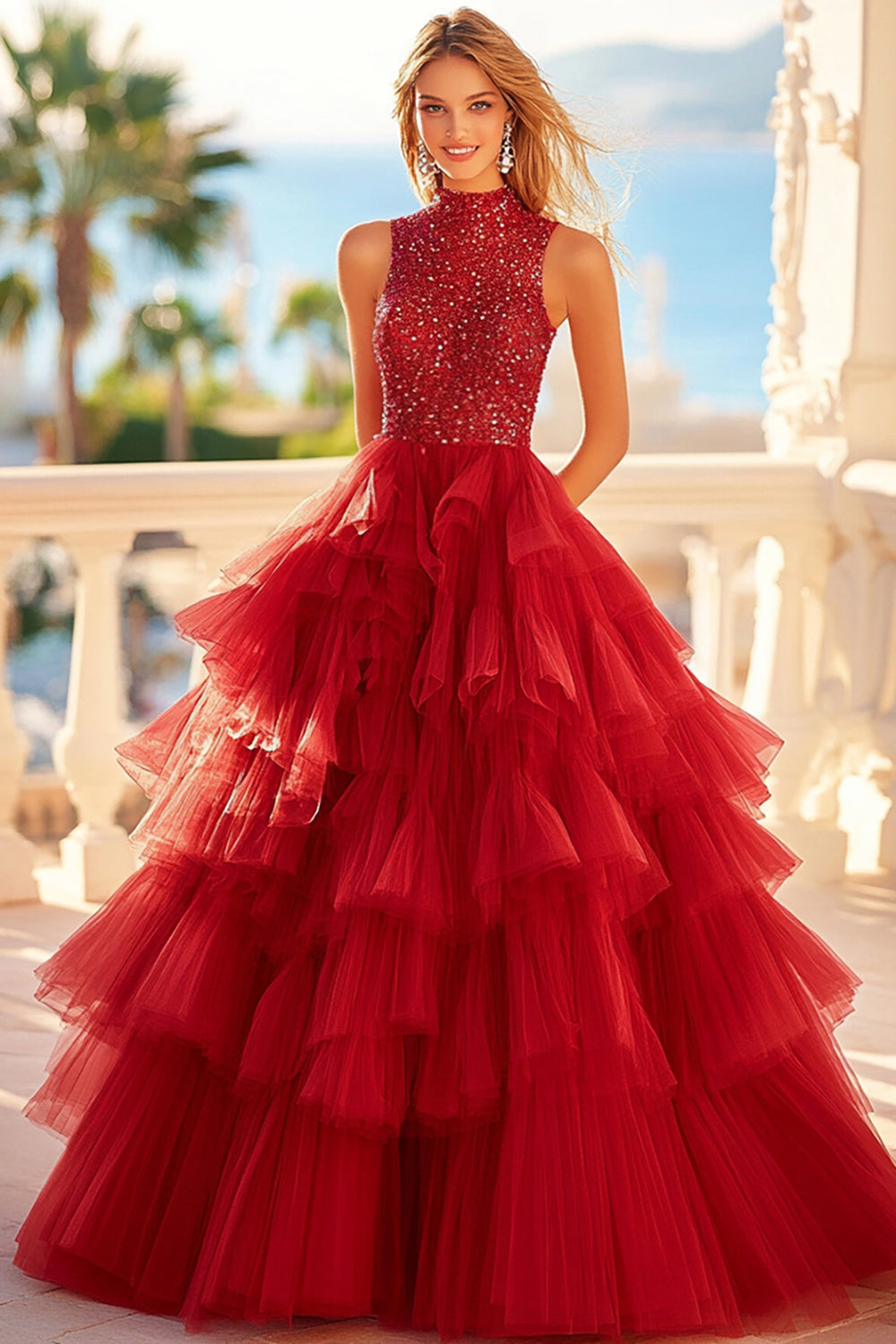 Sparkly Red Ball Gown High Neck A Line Tulle Tiered Prom Dress