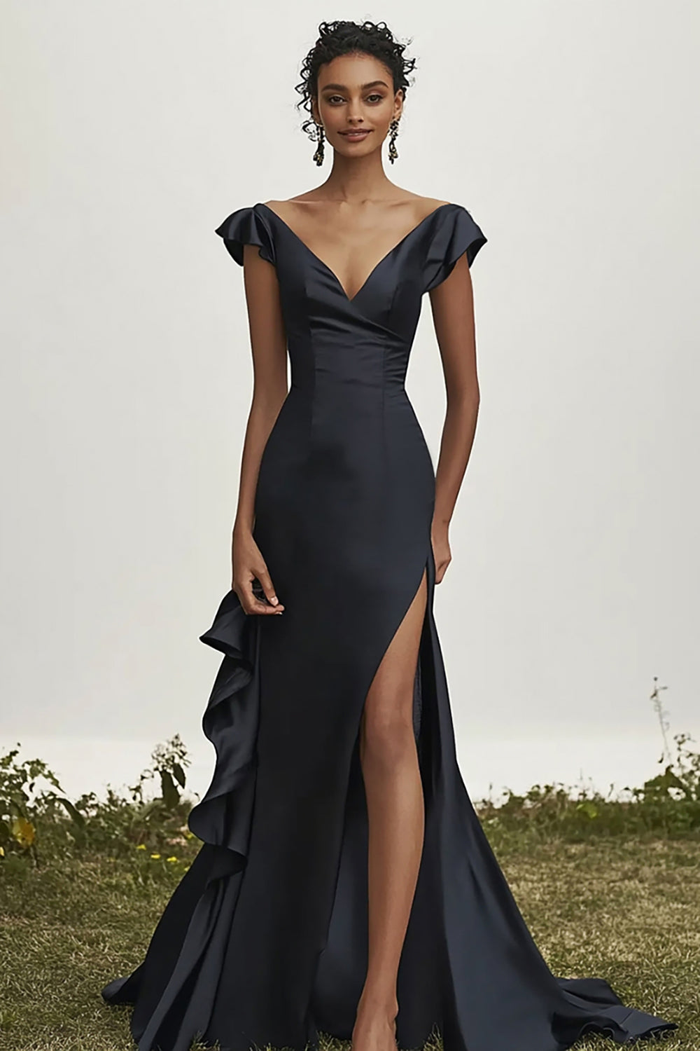 Black Satin Sheath V-Neck Ruffled Maxi Prom Dress with Slit