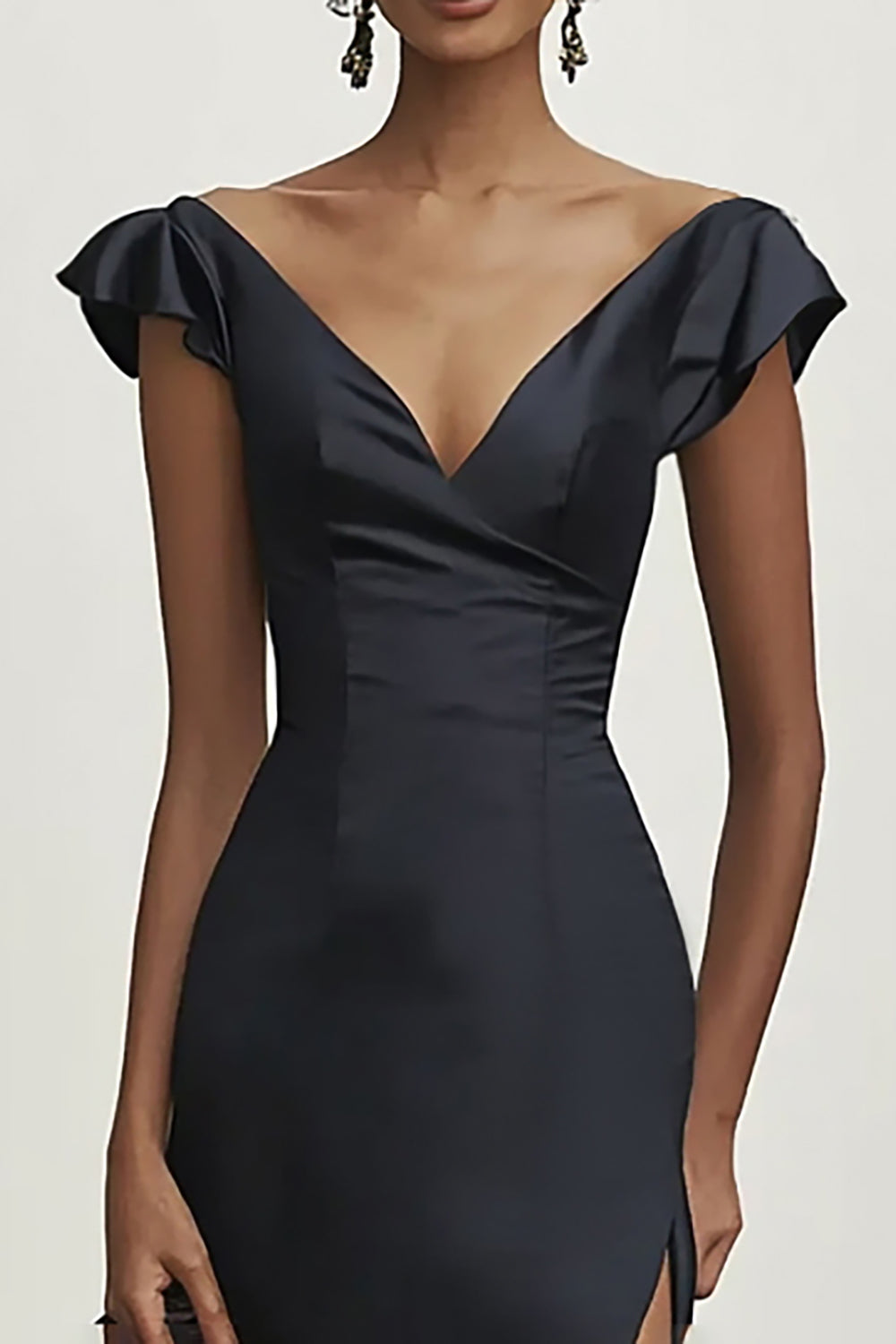 Black Satin Sheath V-Neck Ruffled Maxi Prom Dress with Slit
