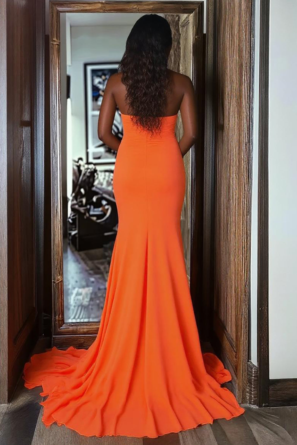 Orange Mermaid Ruffled Strapless Long Prom Dress with Slit
