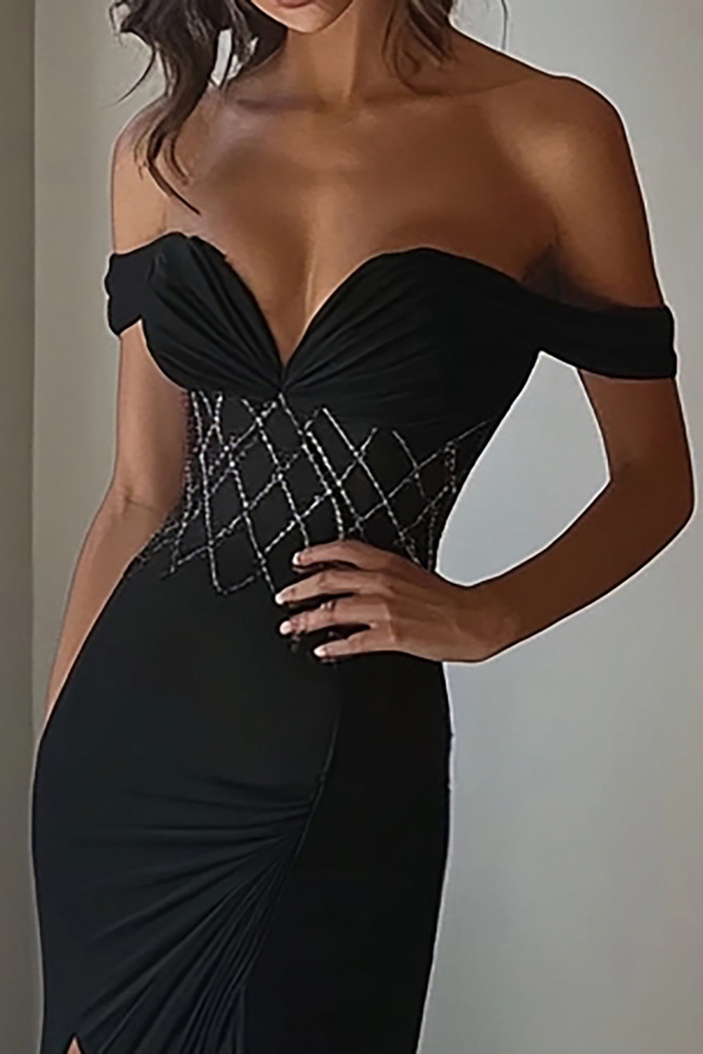 Black Mermaid Off the Shoulder Satin Long Prom Dress Slit