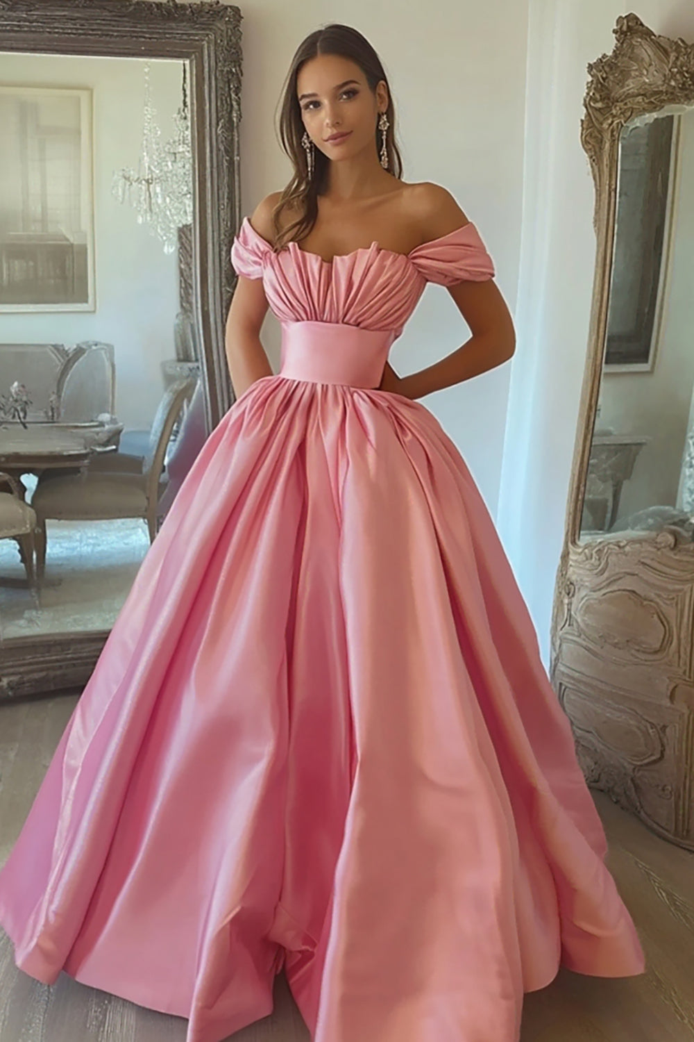 Pink A Line Satin Off the Shoulder High Waist Long Prom Dress
