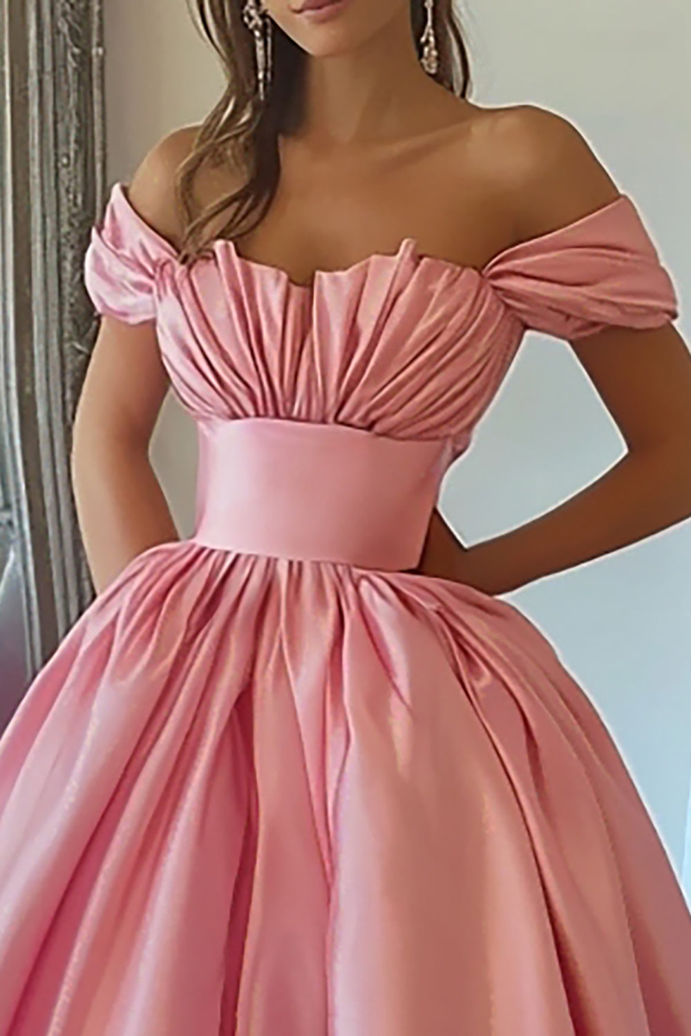Pink A Line Satin Off the Shoulder High Waist Long Prom Dress