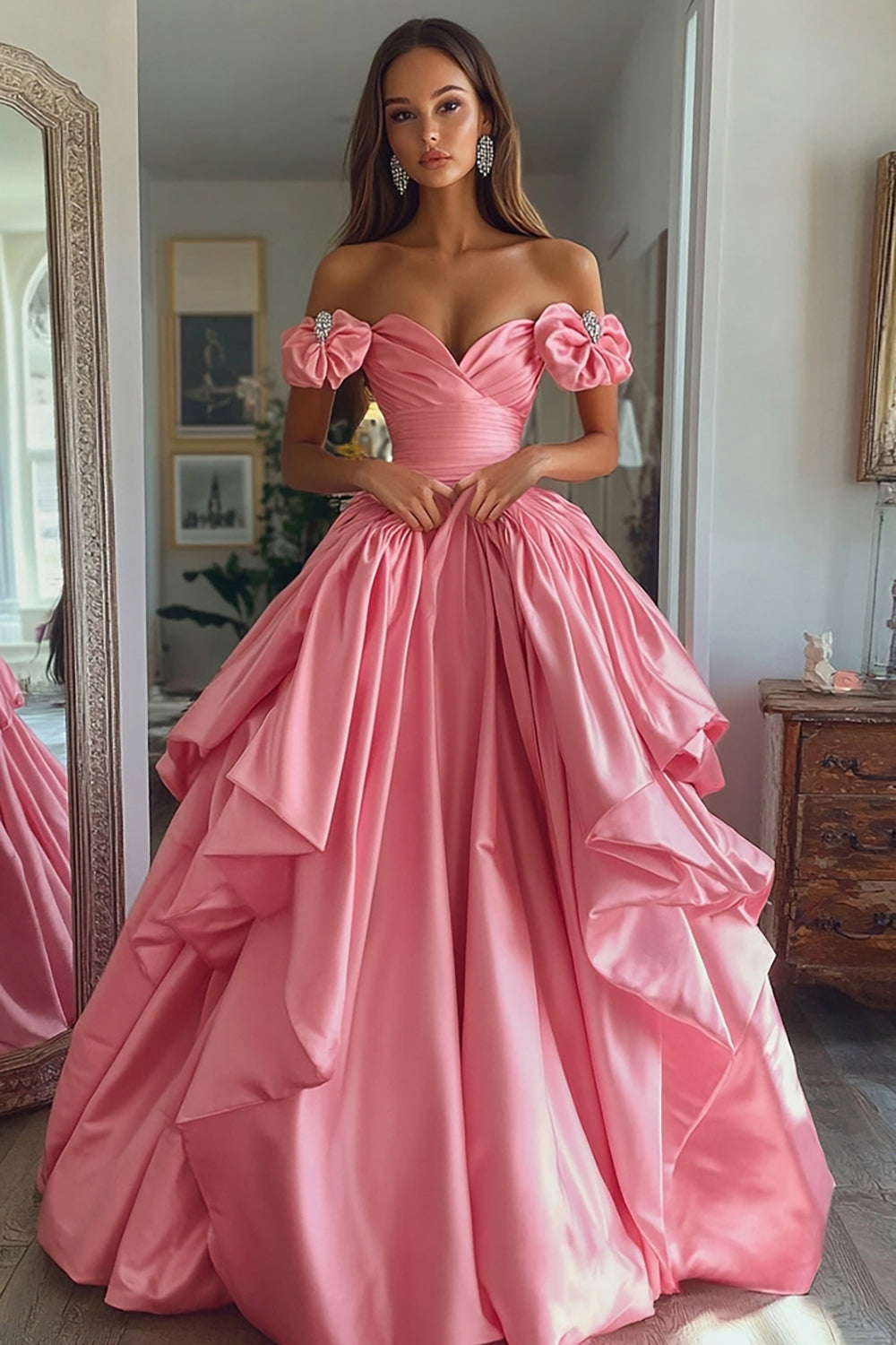 Princess Pink A Line Satin Off the Shoulder Long Prom Dress with Ruffles