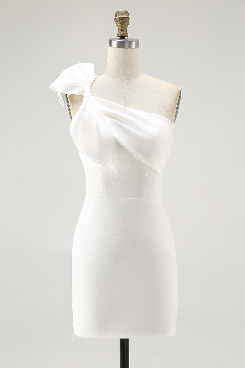 White Satin One Shoulder Mini Bodycon Graduation Dress with Bow