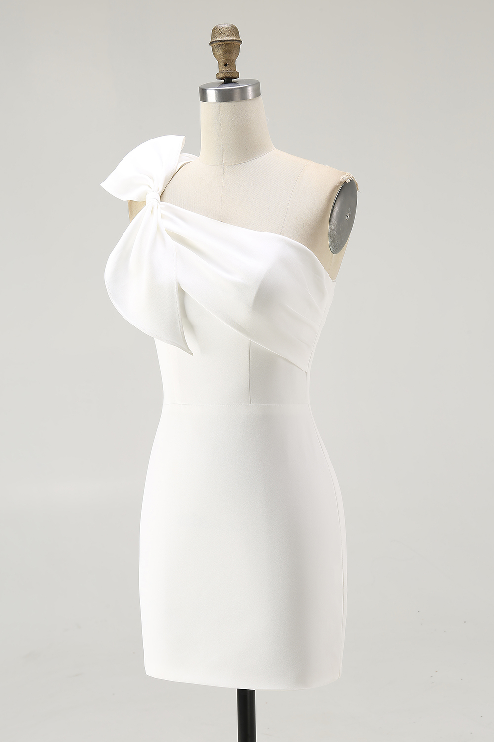 White Satin One Shoulder Mini Bodycon Graduation Dress with Bow