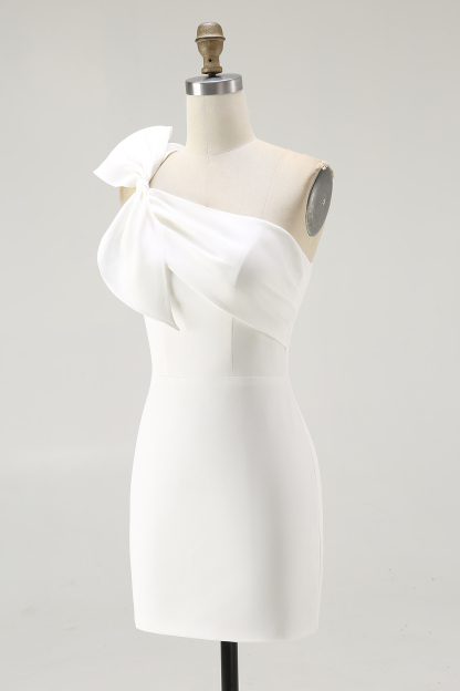 White Satin One Shoulder Mini Bodycon Graduation Dress with Bow