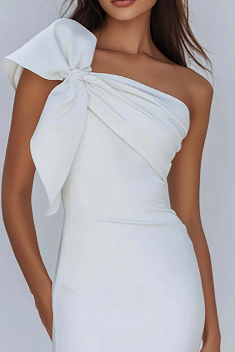 White Satin One Shoulder Mini Bodycon Graduation Dress with Bow
