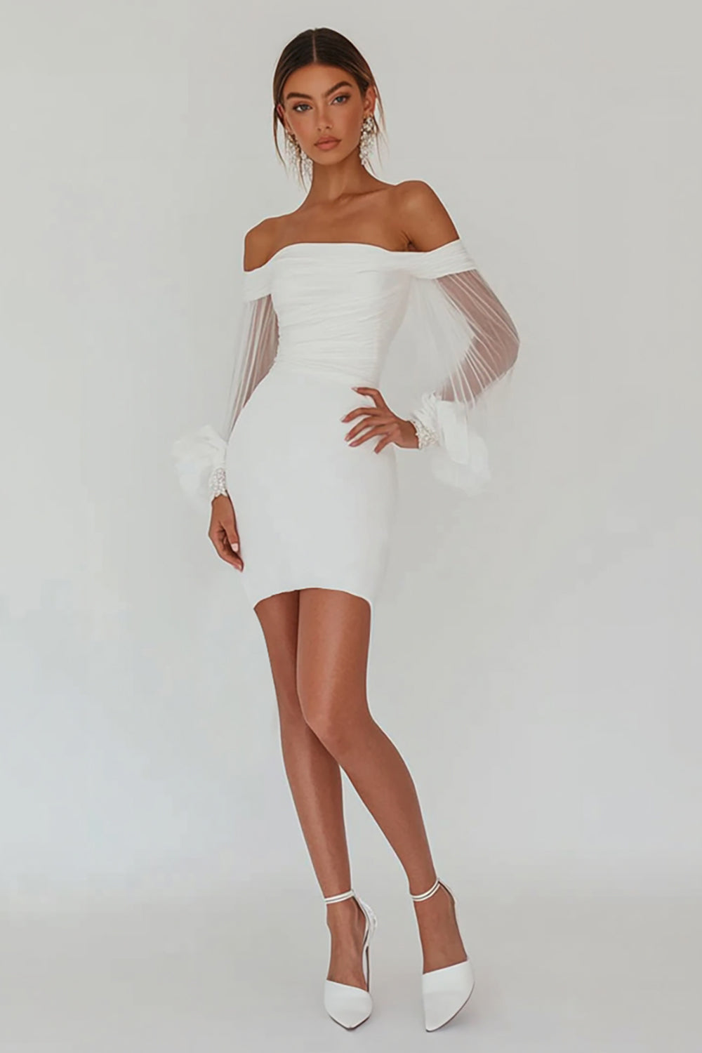 White Bodycon Sheer Sleeves Short Graduation Dress