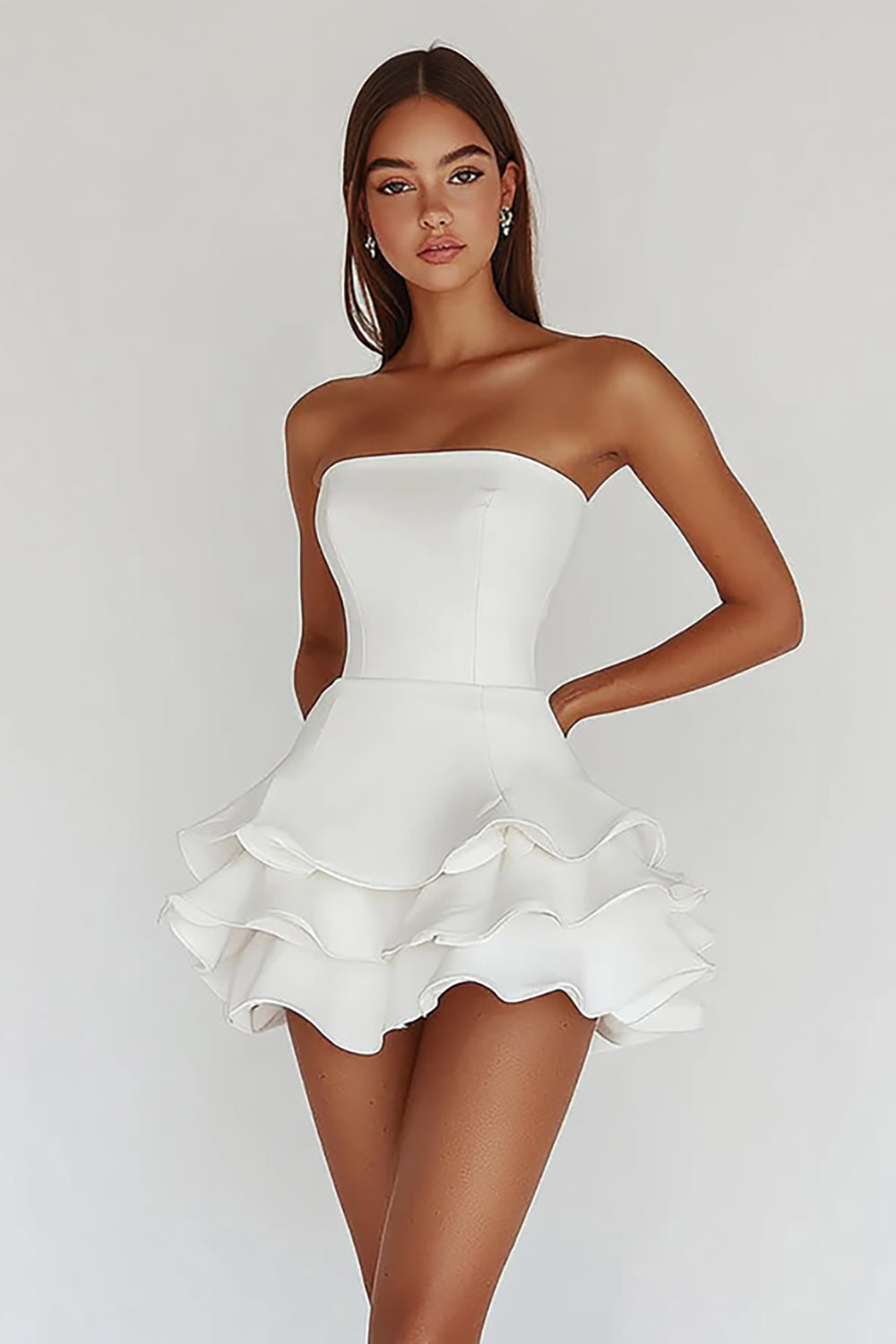 Satin White A Line Strapless Tiered Mini Graduation Dress with Ruffles