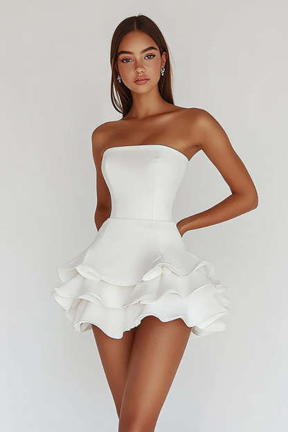 Leely Women White A Line Satin Mini Graduation Dress Strapless Ruffled Backless Little White Dress