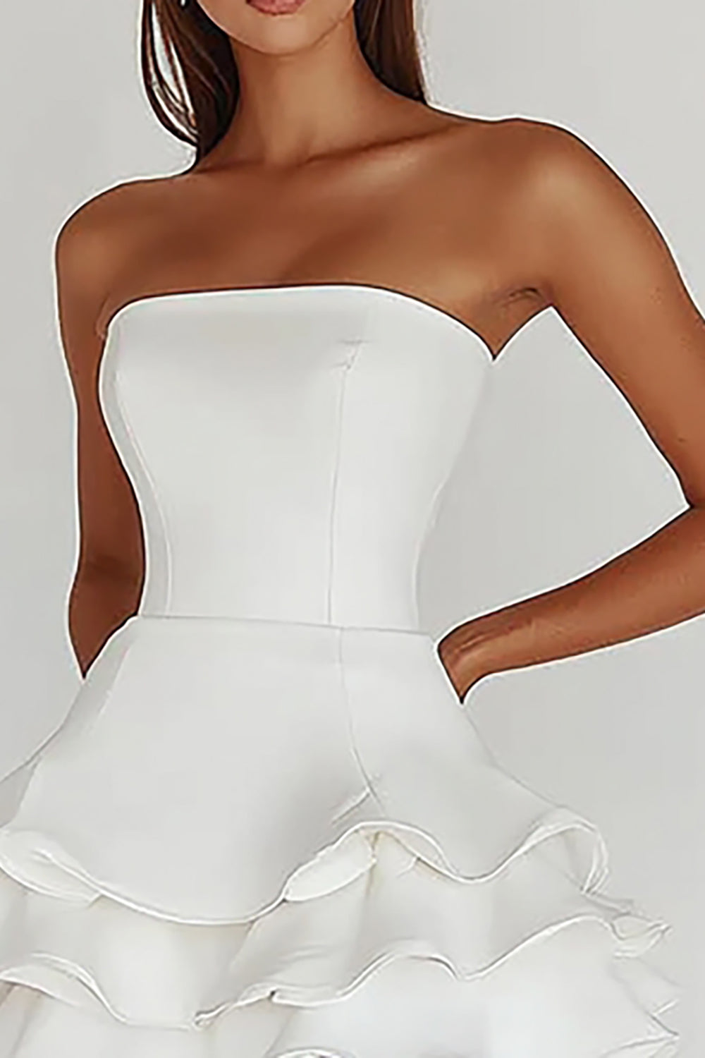 Satin White A Line Strapless Tiered Mini Graduation Dress with Ruffles