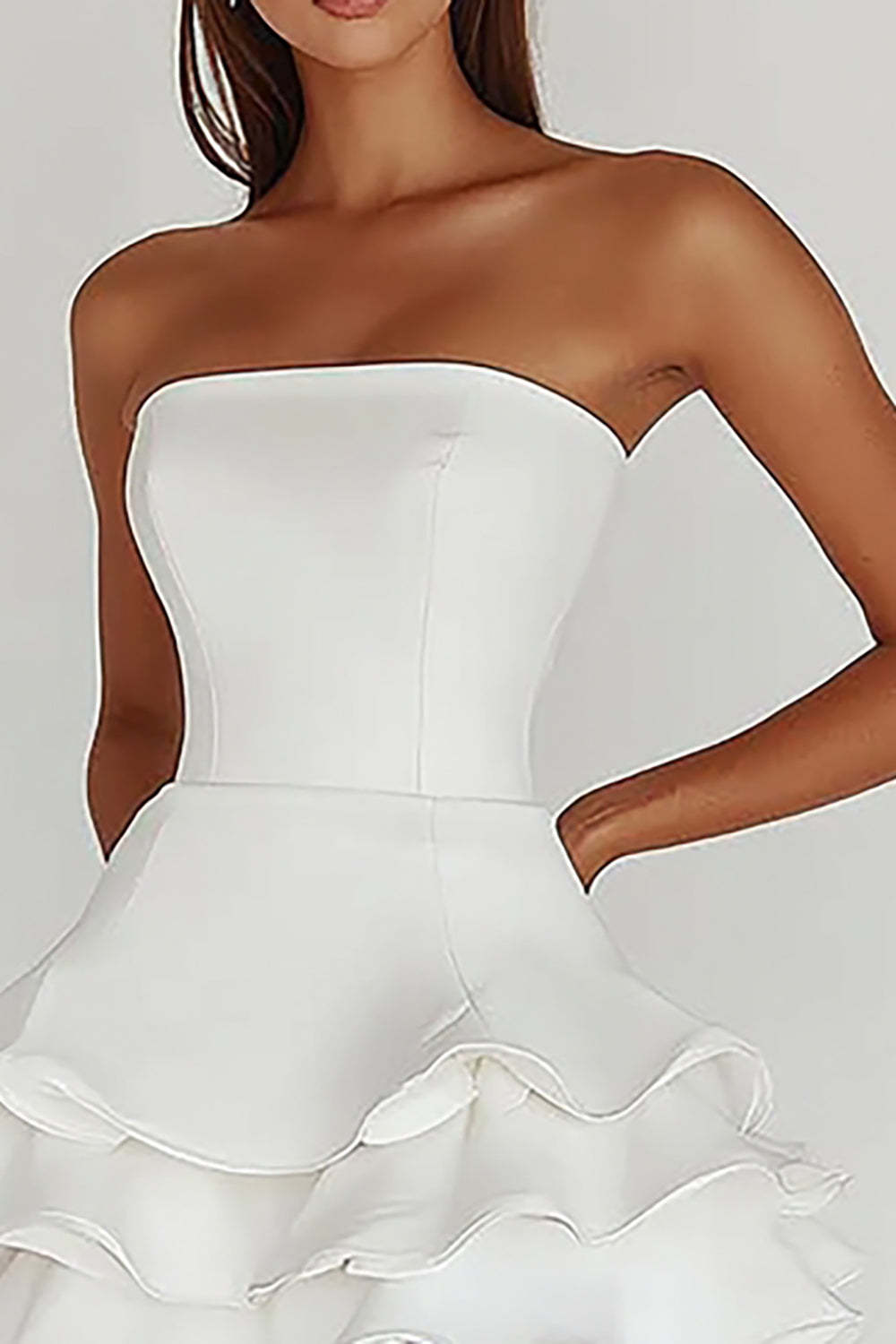 Satin White A Line Strapless Tiered Mini Graduation Dress with Ruffles