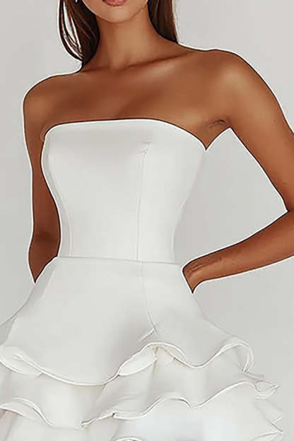 Satin White A Line Strapless Tiered Mini Graduation Dress with Ruffles