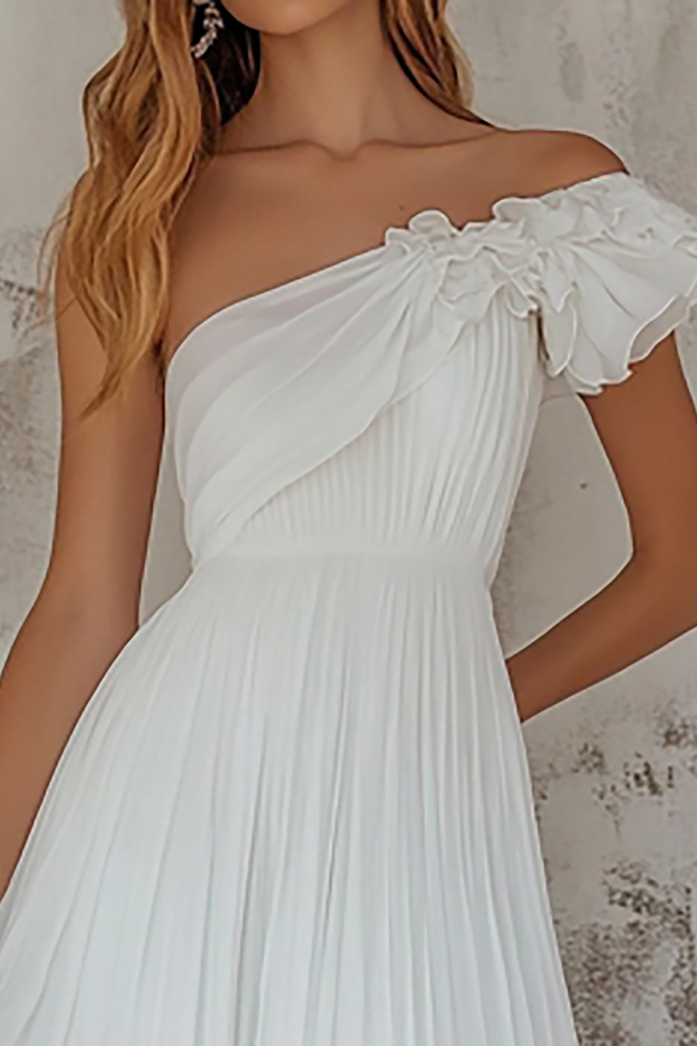 White A Line Pleated Tea Length Rehearsal Dinner Dress with Ruffles