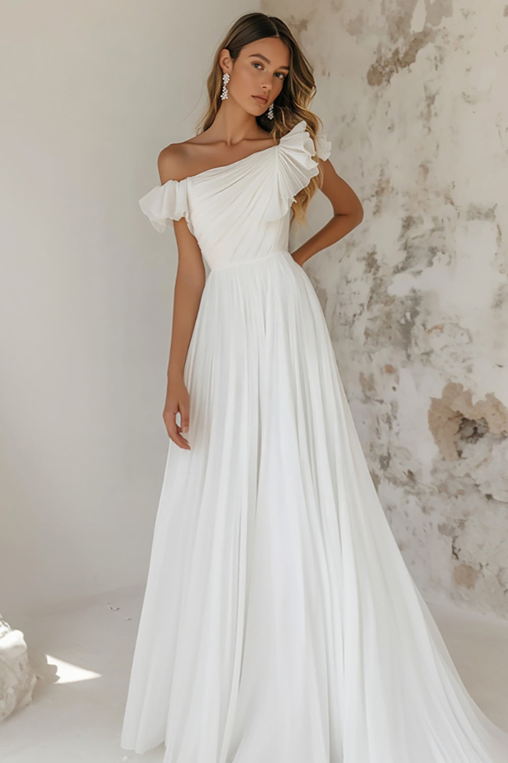 Elegant White One Shoulder A Line Rehearsal Dinner Dress with Ruffles