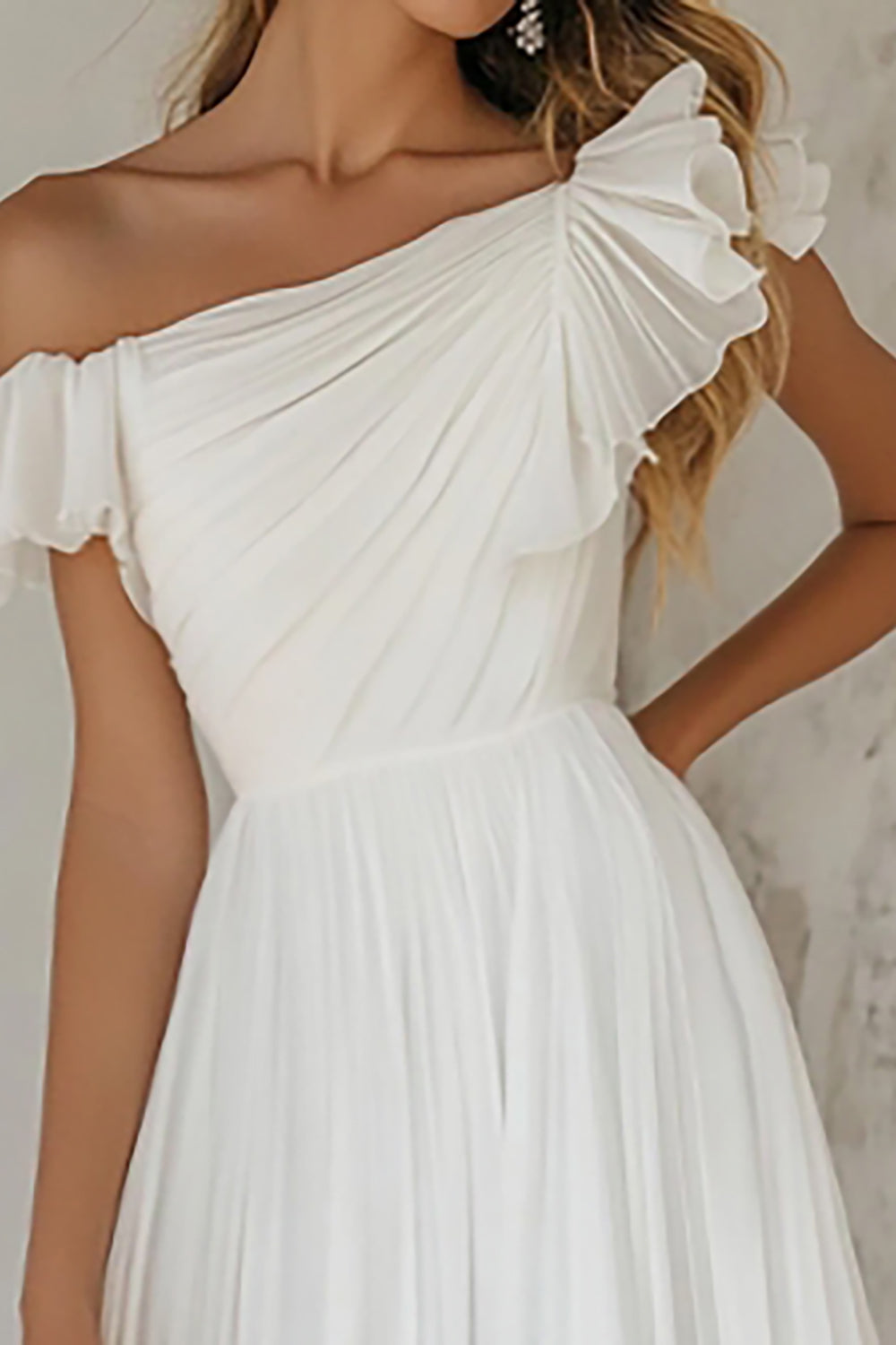 Elegant White One Shoulder A Line Rehearsal Dinner Dress with Ruffles