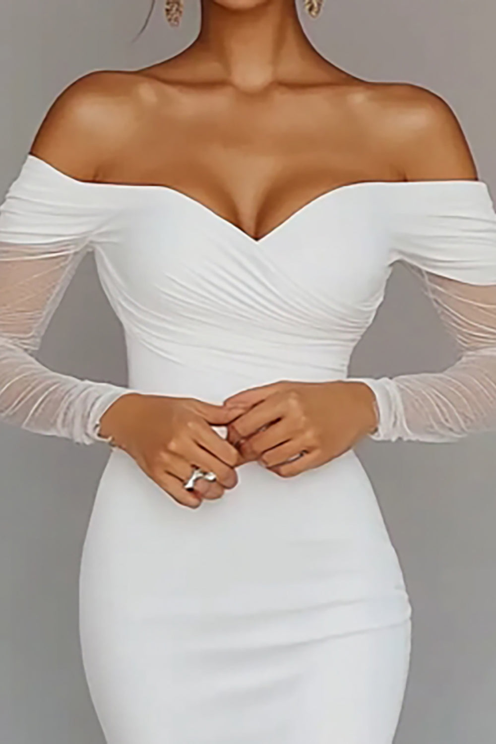 White Satin Bodycon Off the Shoulder Graduation Dress with Sheer Sleeves