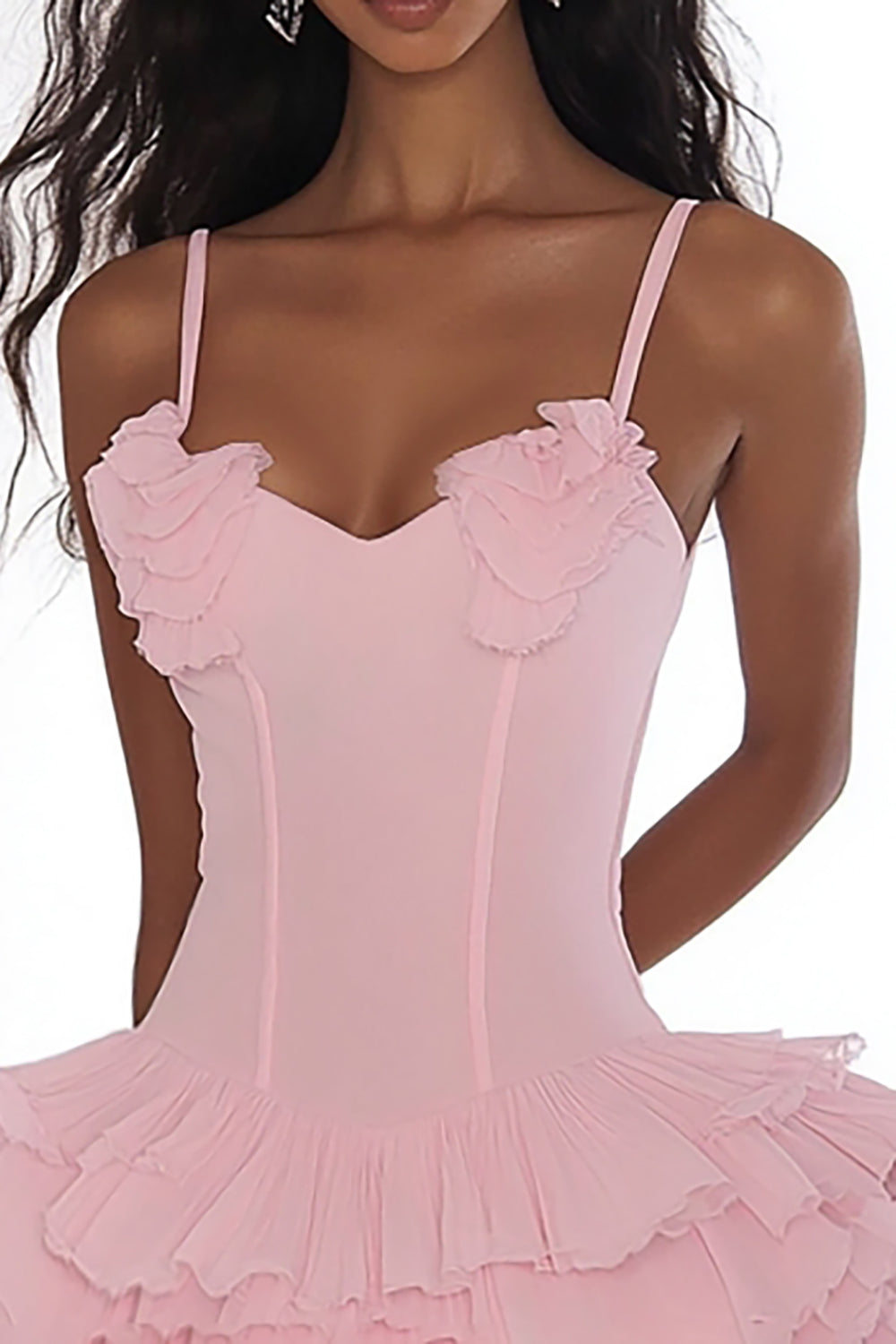 Pink A Line Spaghetti Straps Ruffled Mini Graduation Dress
