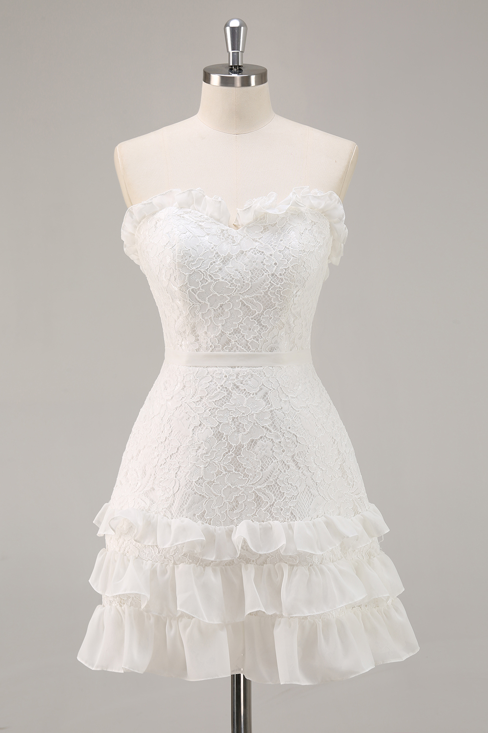 White Lace A Line Strapless Sweetheart Mini Graduation Dress