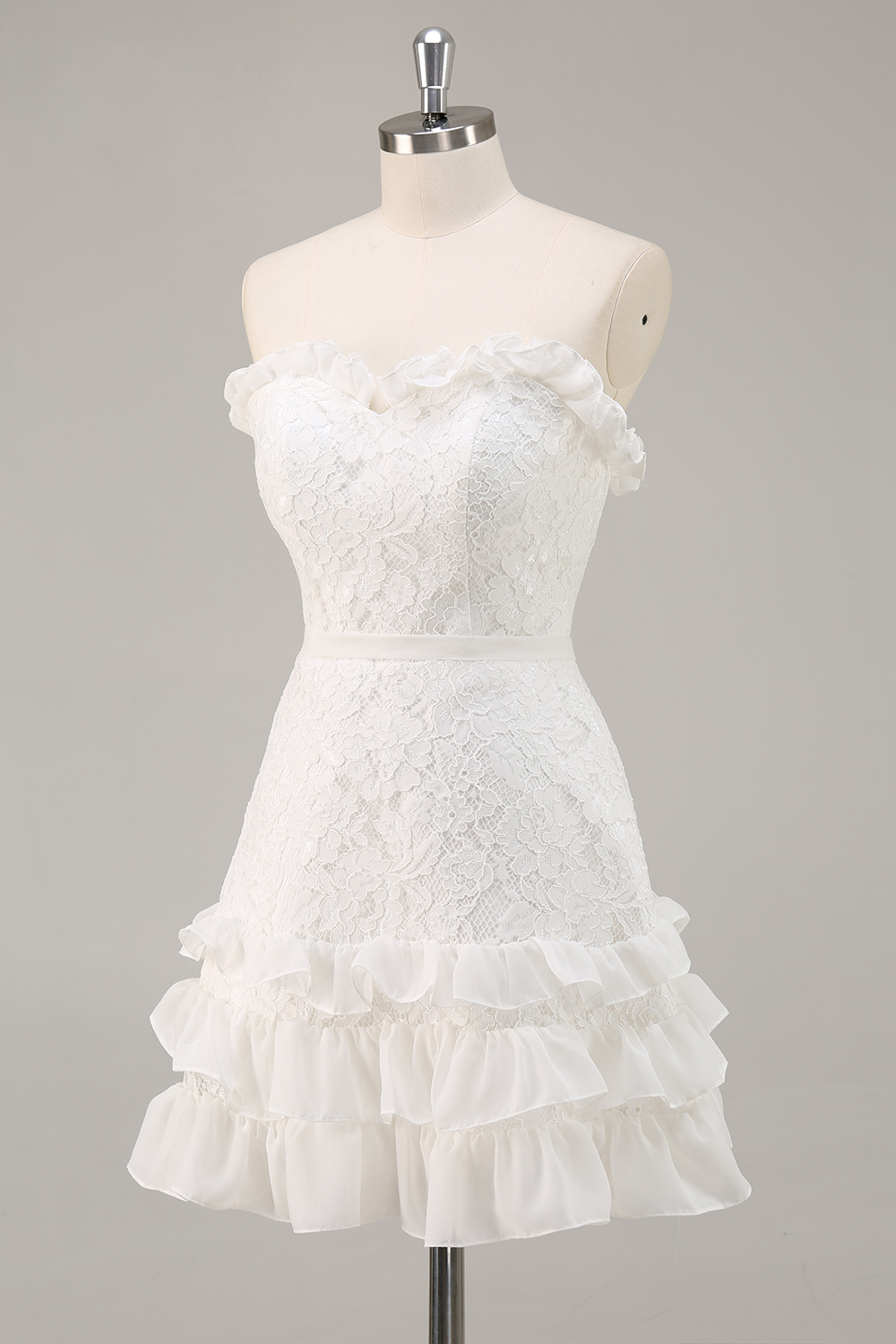 White Lace A Line Strapless Sweetheart Mini Graduation Dress
