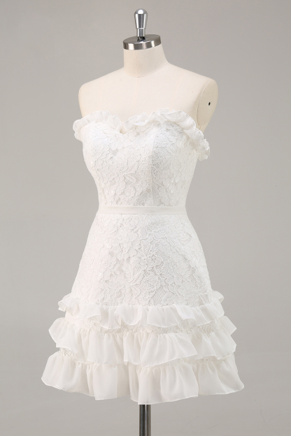 White Lace A Line Strapless Sweetheart Mini Graduation Dress
