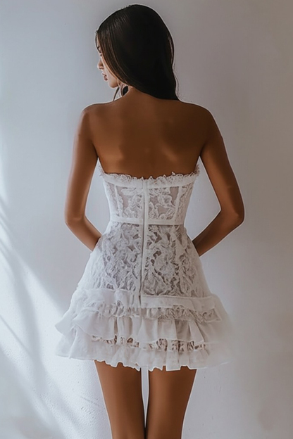 White Lace A Line Strapless Sweetheart Mini Graduation Dress
