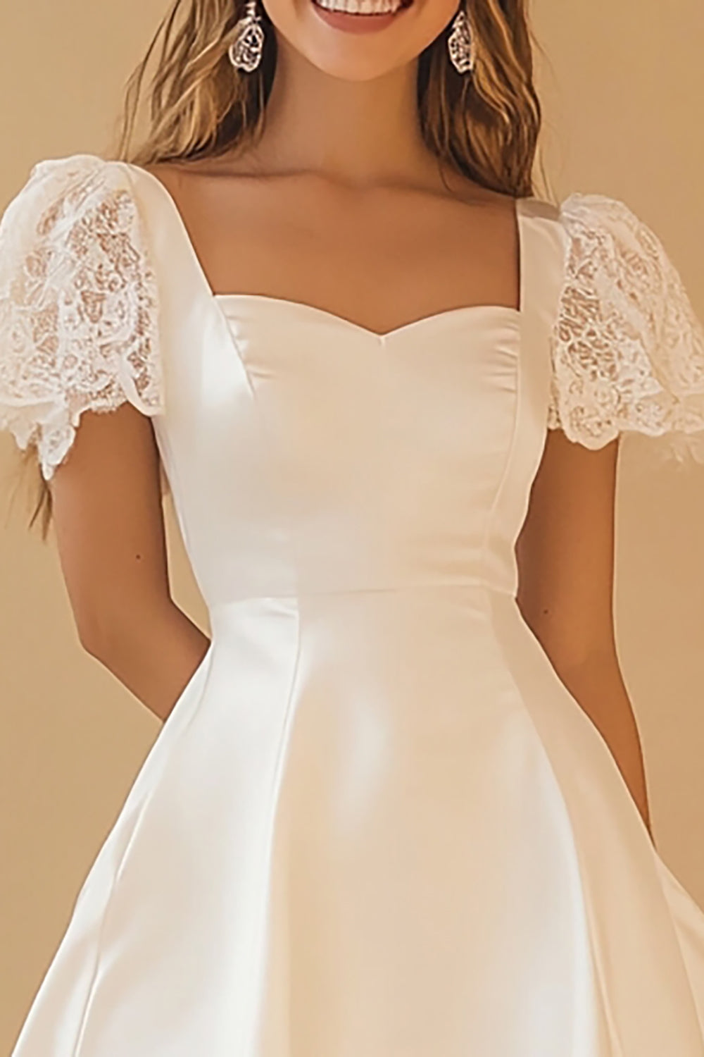 Cute White A Line Satin Short Sleeves Graduation Dress with Lace