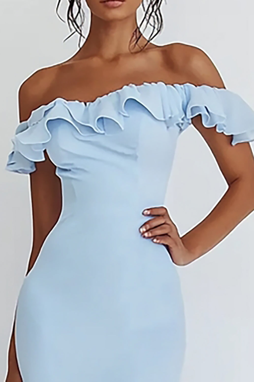 Sky Blue Off the Shoulder Asymmetrical Rehearsal Dinner Dress with Ruffles