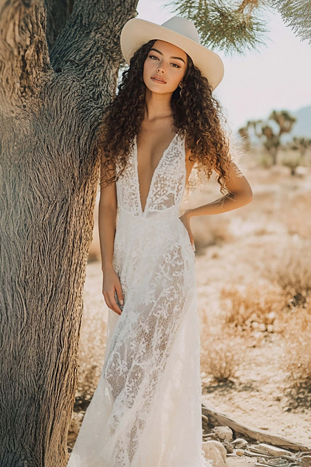 Leely Women White Stylish Lace Boho Maxi Dress Deep V Neck Sleeveless A Line Boho Wedding Guest Dress