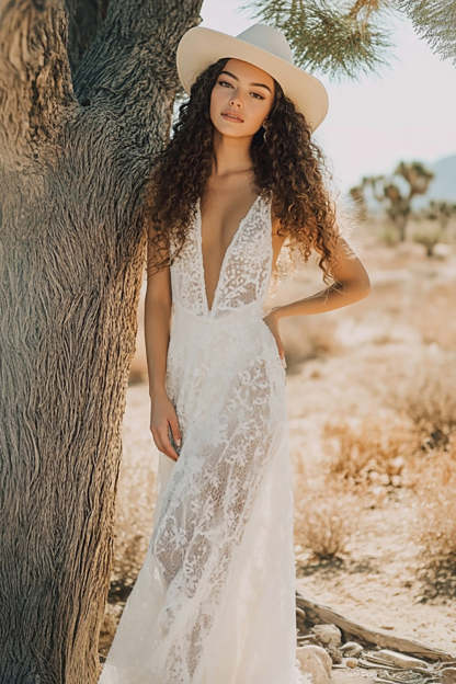 Leely Women White Stylish Lace Boho Maxi Dress Deep V Neck Sleeveless A Line Boho Wedding Guest Dress