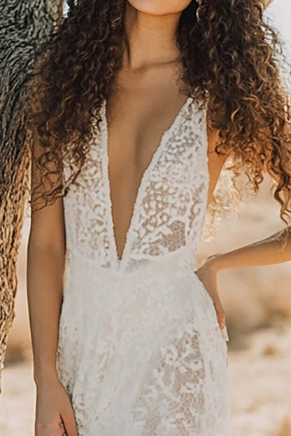 White Stylish Deep V Neck A-Line Lace Boho Maxi Dress