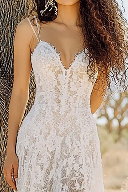 White Spaghetti Straps Sheath Lace High Low Boho Dress