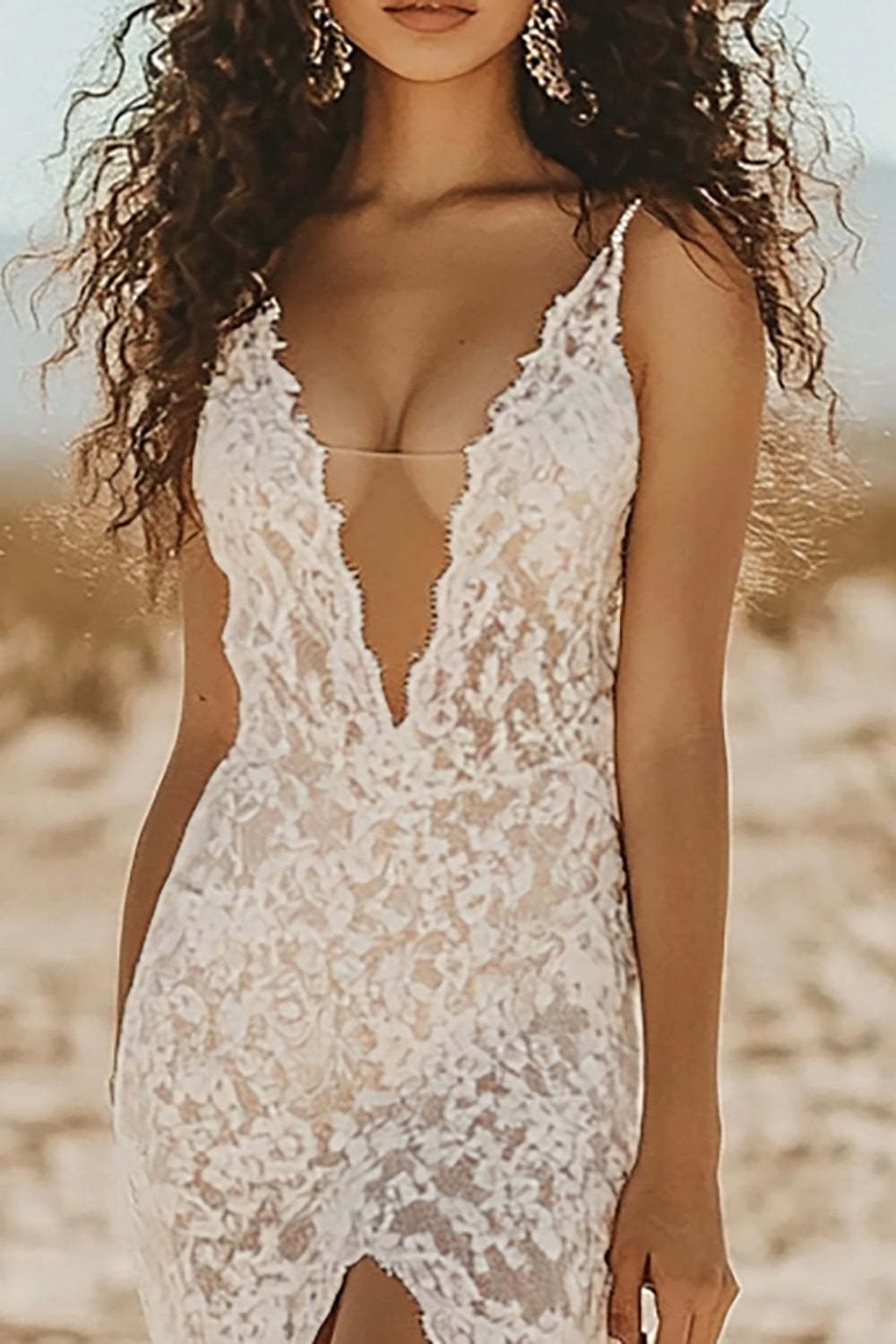 Deep V Neck White Sheath Lace Maxi Boho Dress with Slit