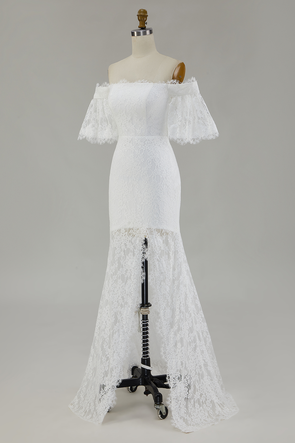 White Off the Shoulder Lace Sheath Maxi Boho Dress with Slit