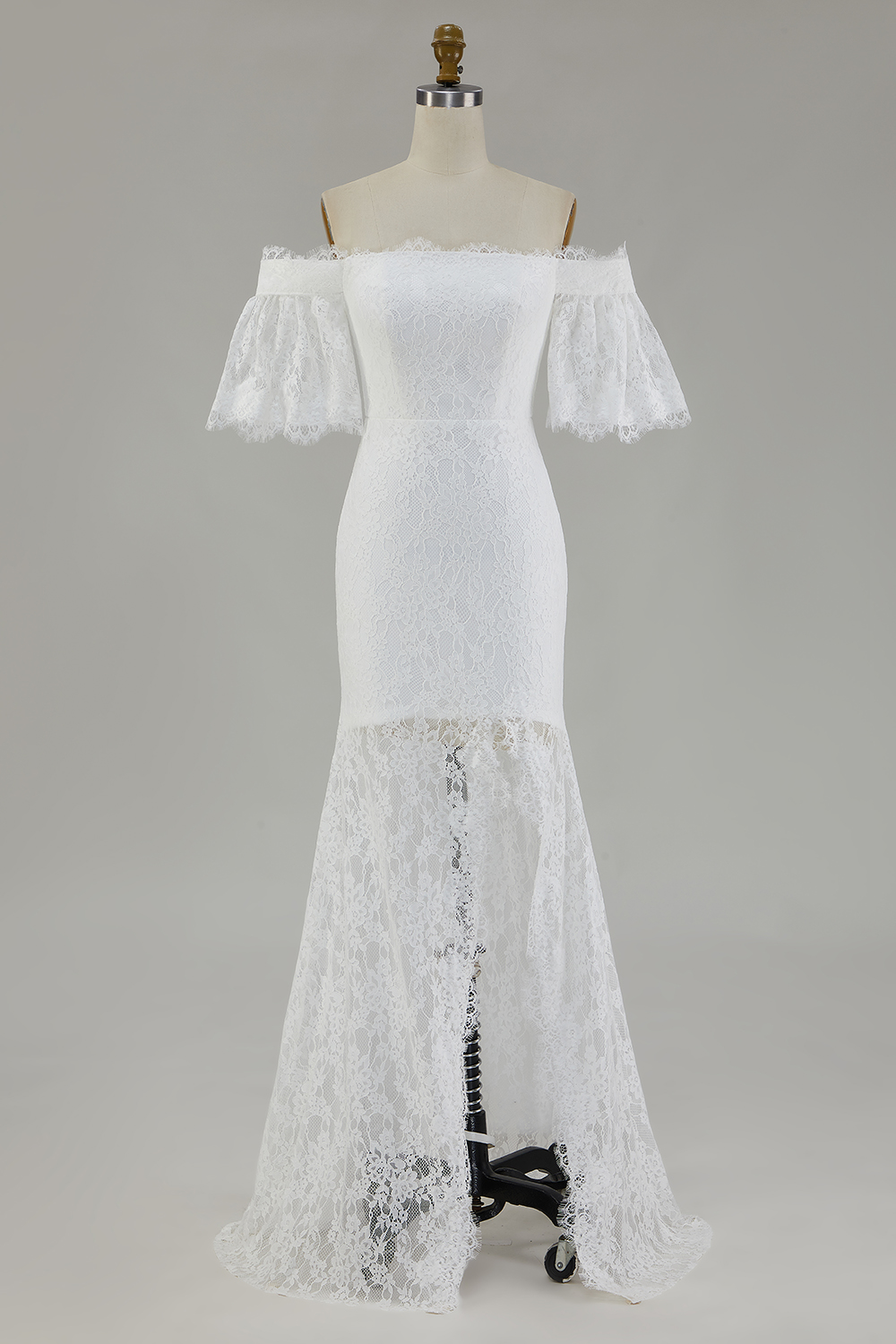 Off the Shoulder White Lace Sheath Boho Maxi Dress with Slit