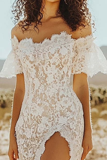 Off the Shoulder White Lace Sheath Boho Maxi Dress with Slit