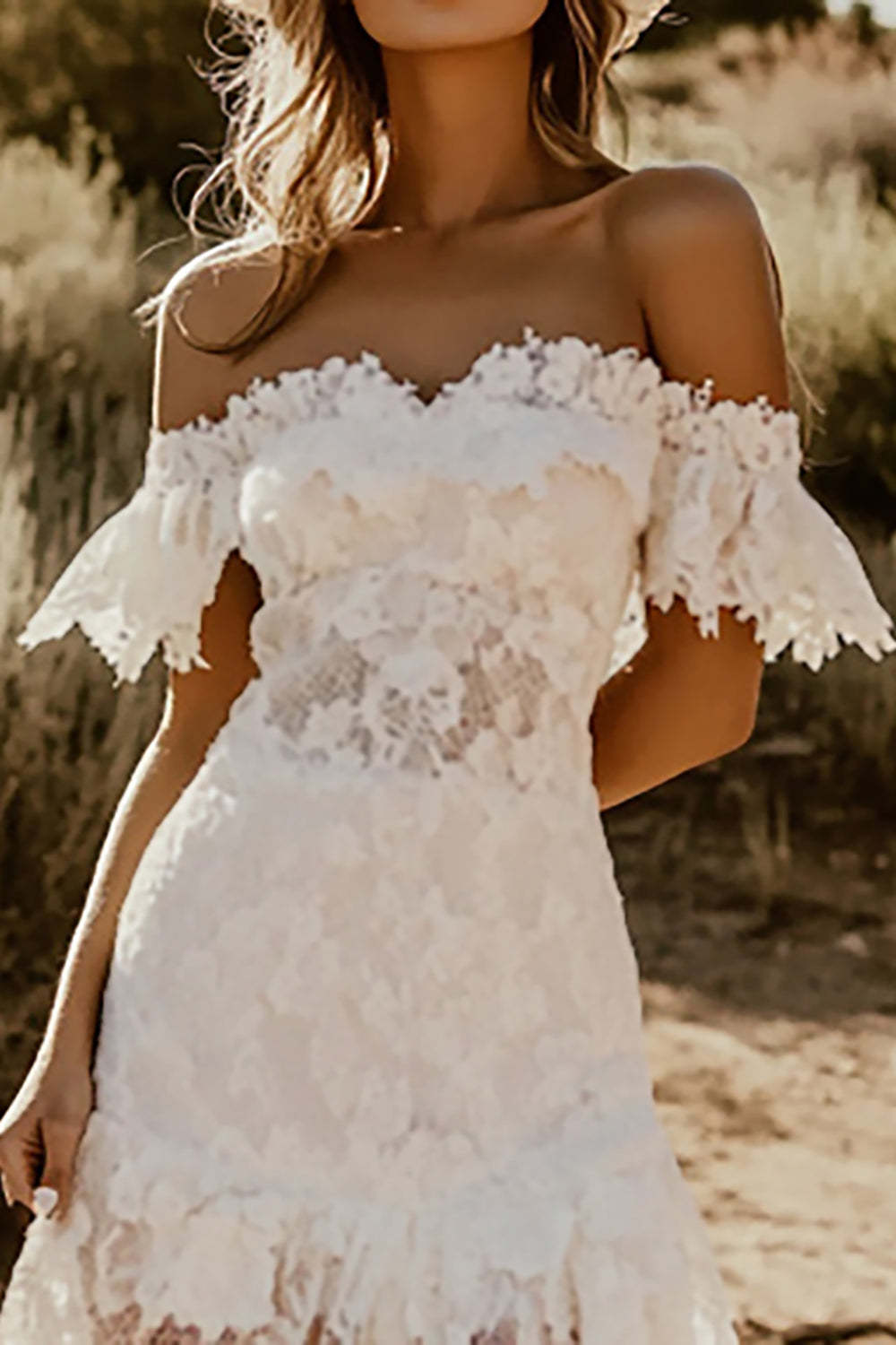 Off the Shoulder White Lace Boho Mini Dress with Sleeves