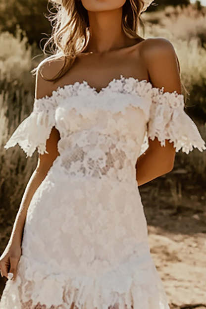 Off the Shoulder White Lace Boho Mini Dress with Sleeves